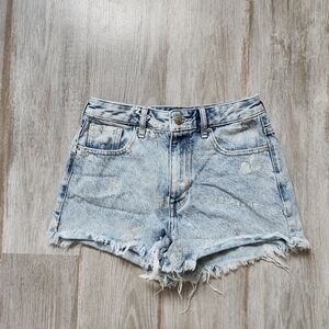 Playboy x Pacsun Cut Off Shorts Blue Denim Bunny Print Raw Cuff Light Wash Sz 24